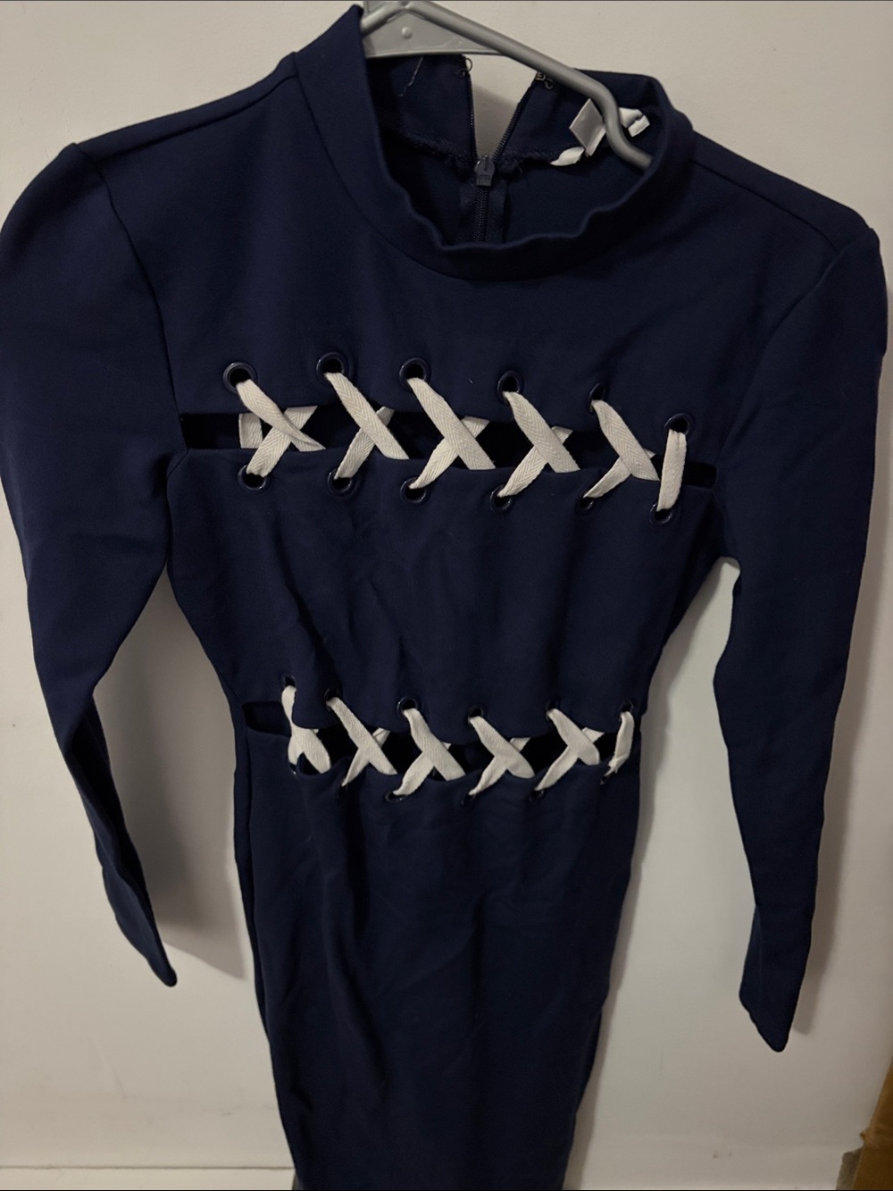 G by Guess Navy Long Sleeve Lace-Up Bodycon Dress with White Ties